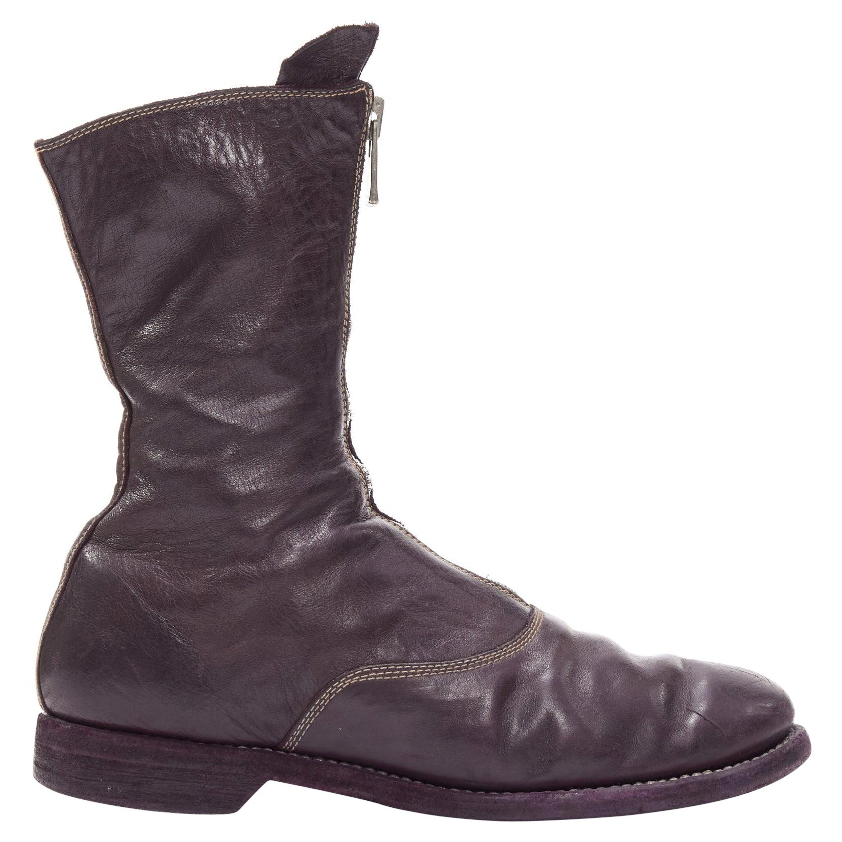 MARSELL dark purple tumbled leather silver front zip ankle boots EU37 For Sale