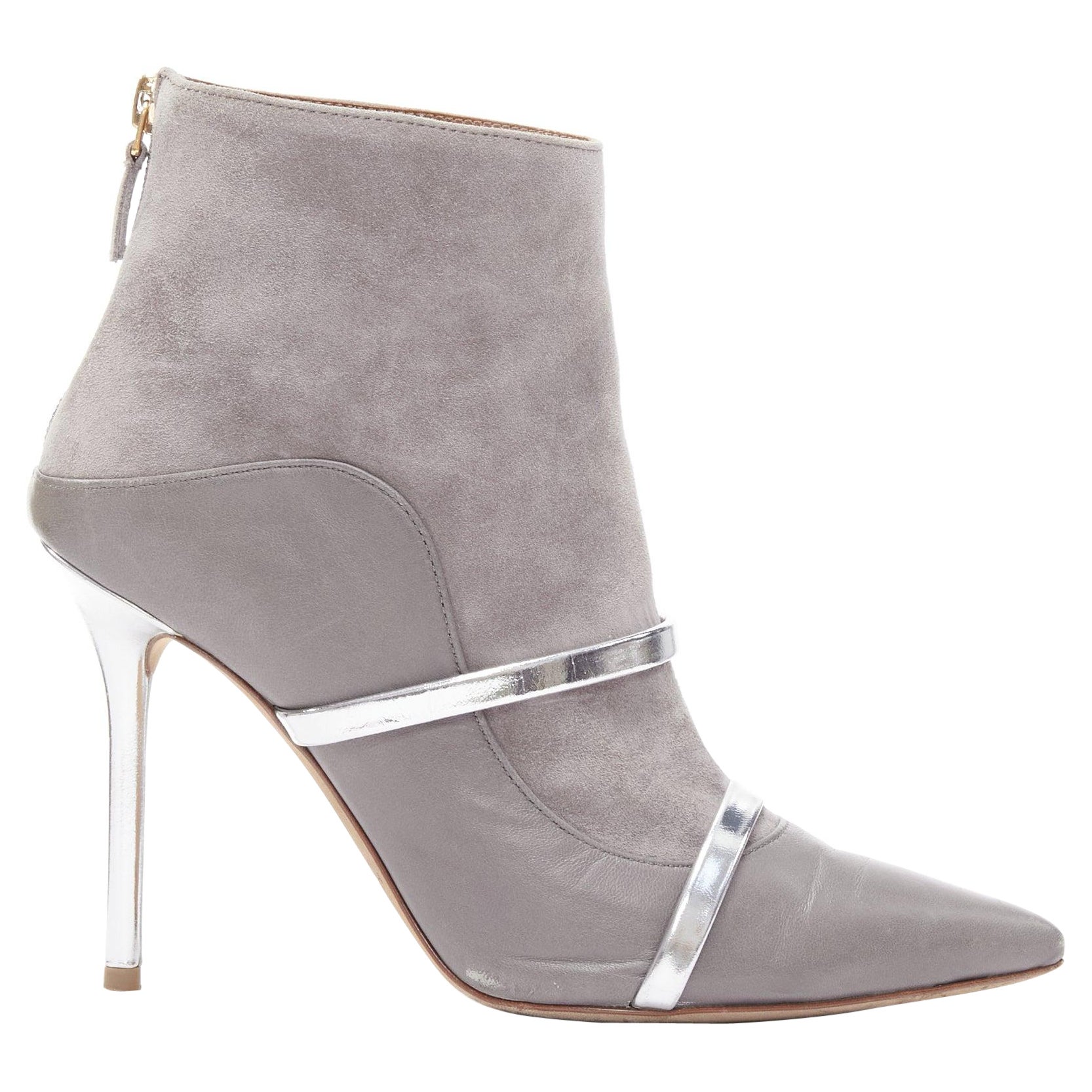 MALONE SOULIERS grey suede silver patent strap stiletto heeled booties EU37
