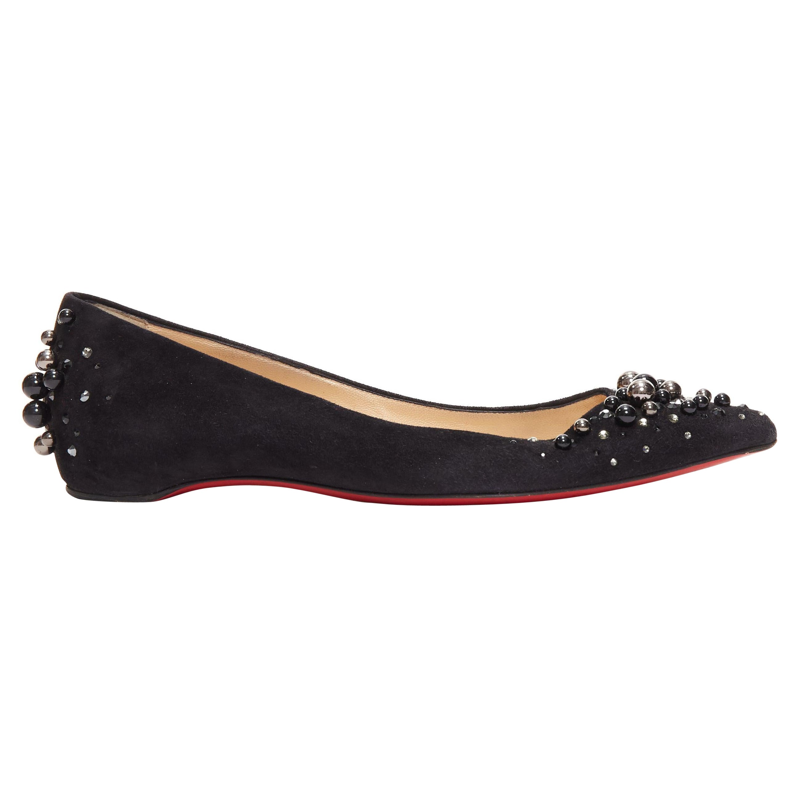 CHRISTIAN LOUBOUTIN Veau Velours black suede beaded embellished flats EU35.5 For Sale