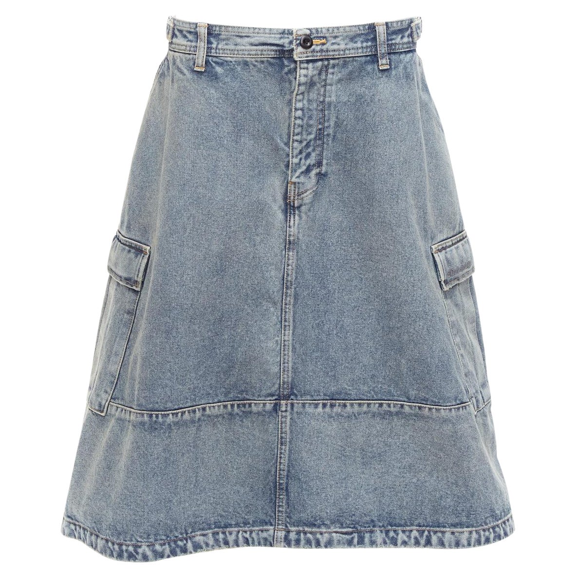 BALENCIAGA Demna 2021 Cargo Kick blue denim low waist logo midi skirt FR38 M For Sale