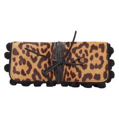 YVES SAINT LAURENT Vintage brown leopard horsehair pom pom wrap clutch