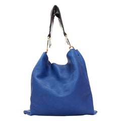 MARNI blue black textured leather gold hardware wide strap tote bag