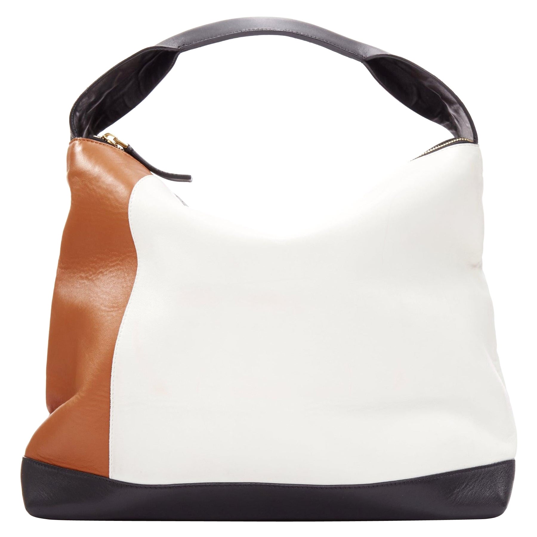 MARNI brown white black colorblock leather double gold zip tote bag For Sale at 1stDibs
