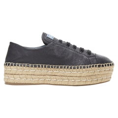 PRADA black leather signature blue tab double jute platform espadrille EU40