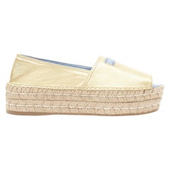 PRADA metallic gold leather logo peep jute platform espadrille shoe EU38.5
