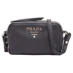PRADA Vitello Daino black calfskin silver logo zip crossbody camera bag