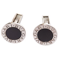 Gemelos BULGARI de plata de ley 925 con logotipo trasero de ónice redondo negro