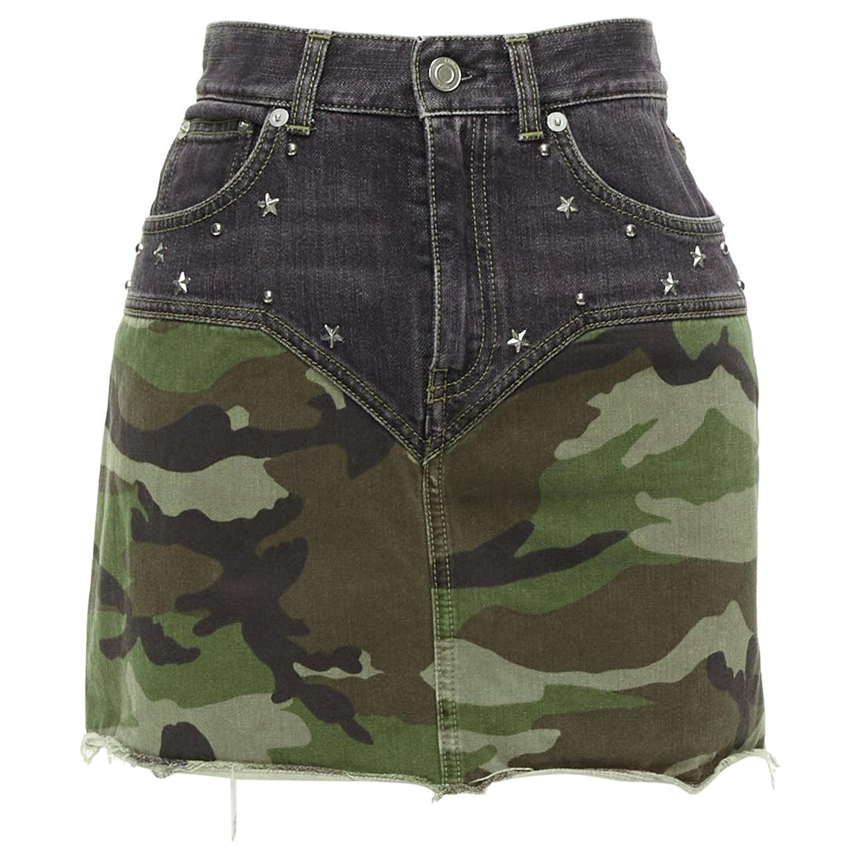 SAINT LAURENT 2015 green camo blue denim star studded mini skirt 25" For Sale
