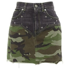 SAINT LAURENT 2015 green camo blue denim star studded mini skirt 25"