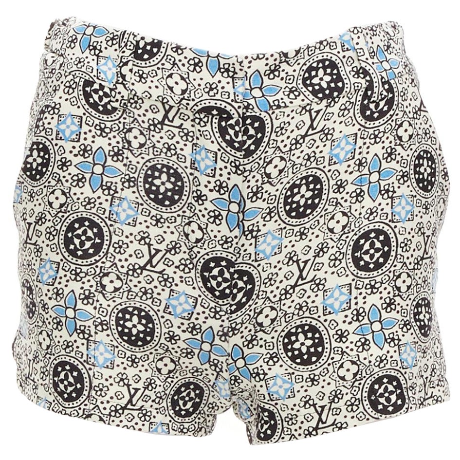 LOUIS VUITTON Majolica floral monogram print cream blue wool silk shorts FR34 XS