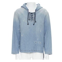 SAINT LAURENT 2018 distressed destroyed denim lace up hoodie pullover S