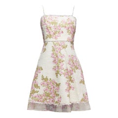 GIAMBATTISTA VALLI cremefarbenes lila geblümtes Baumwoll-Tweedkleid mit durchscheinendem Saum IT42 M