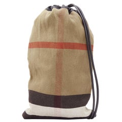 BURBERRY Hous eCheck brown jute cotton black leather trim sling backpack