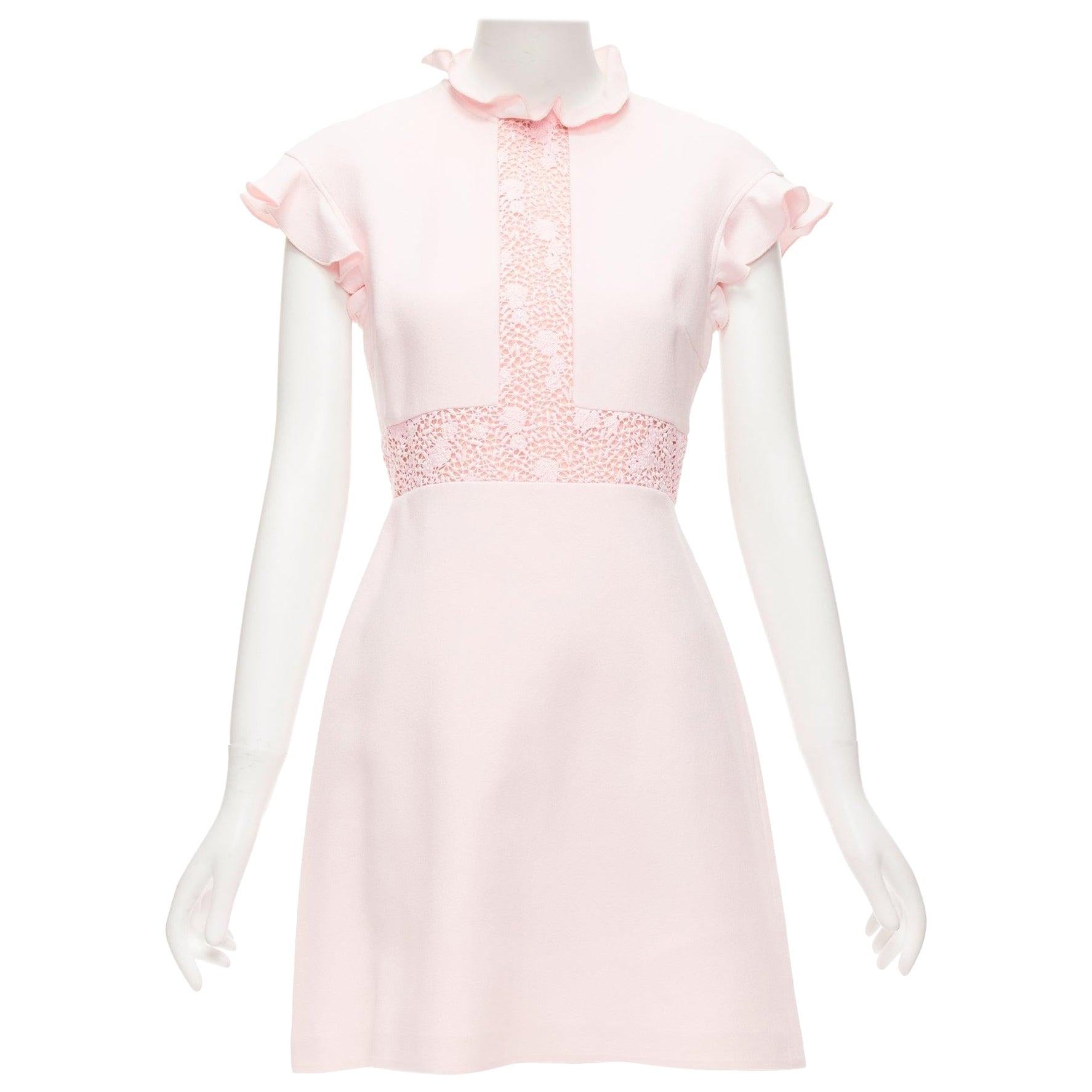 GIAMBATTISTA VALLI pink cotton crepe ruffle lace insert fit flare dress IT42 M For Sale