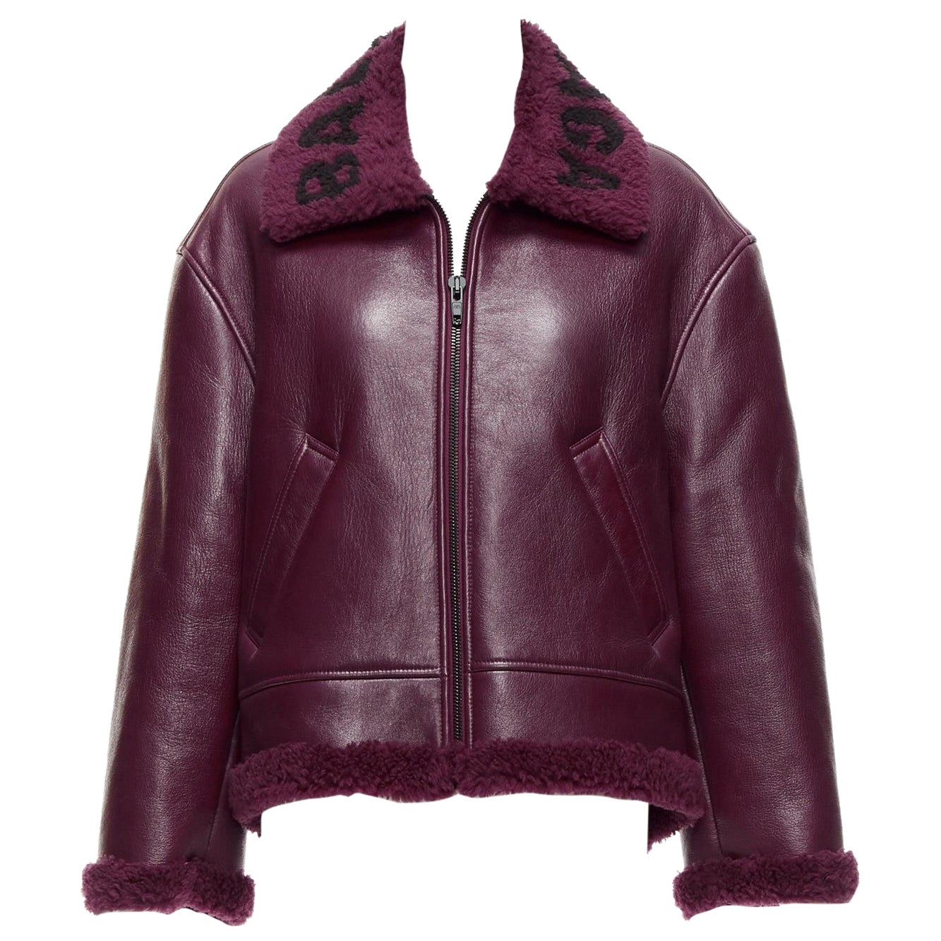 BALENCIAGA Demna 2020 bordeaux logo shearling cocooner veste Bombardier FR34 XS en vente