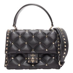 VALENTINO Candystud black nappa lambskin gold studded turnlock 2 way satchel bag