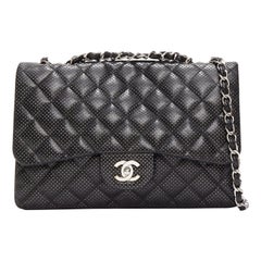CHANEL Double Flap Medium perforated quilted lambskin silver CC logo chain bag