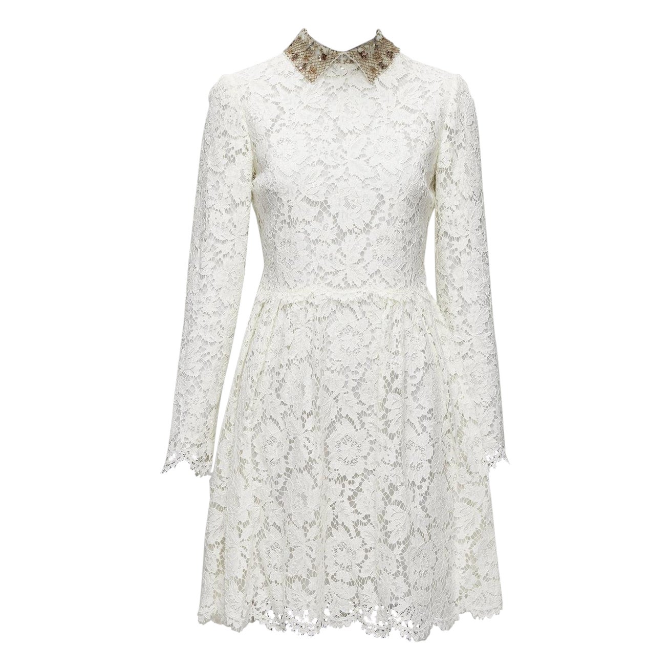 Valentino, abito da sposa in pizzo crema con collo ricamato e paillettes dorate in vendita