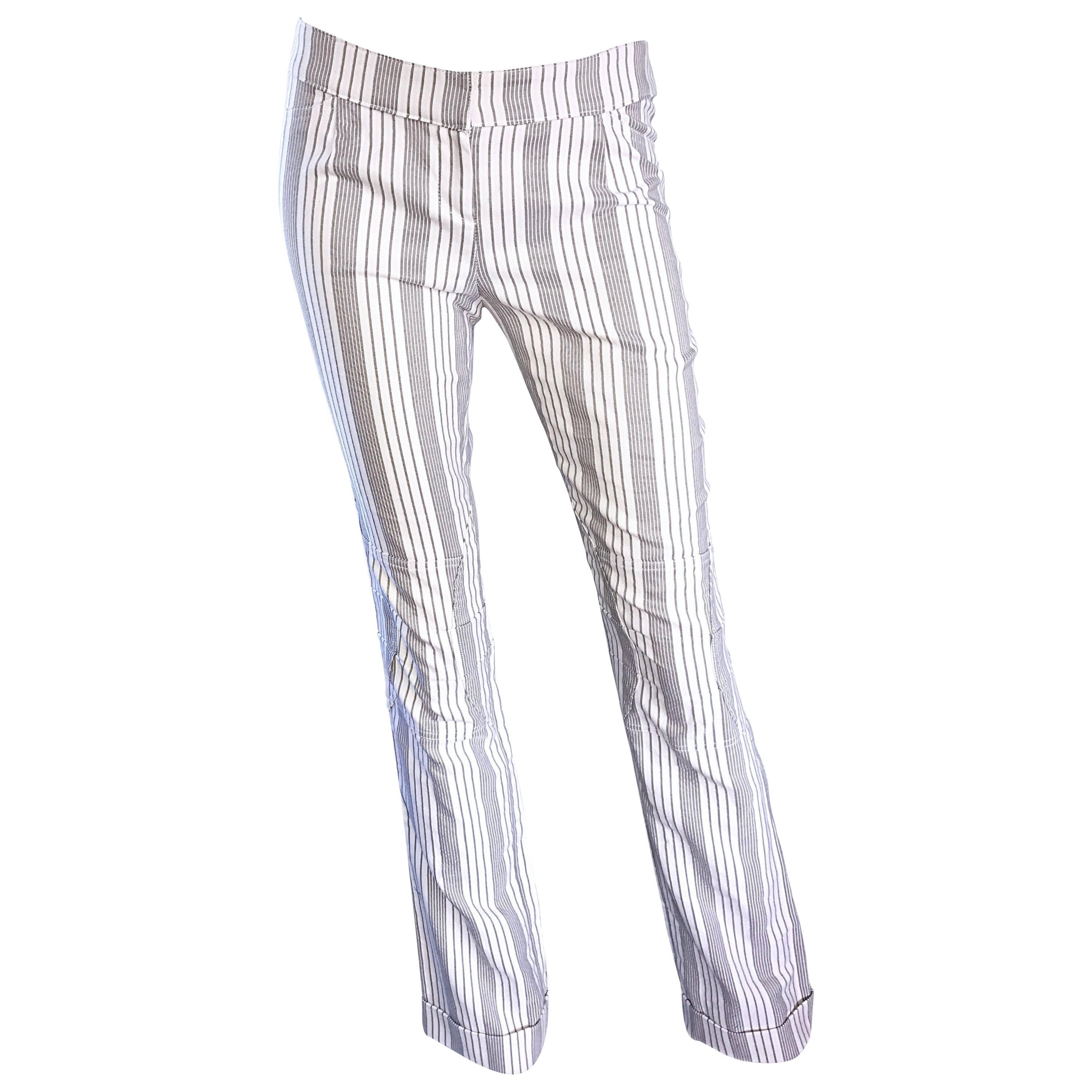 Christian Dior by John Galliano Gray and White Pinstripe Flared Leg Trousers 90s