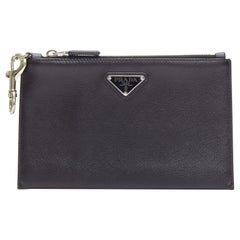 PRADA black saffianno leather silver triangle logo zip small clutch bag