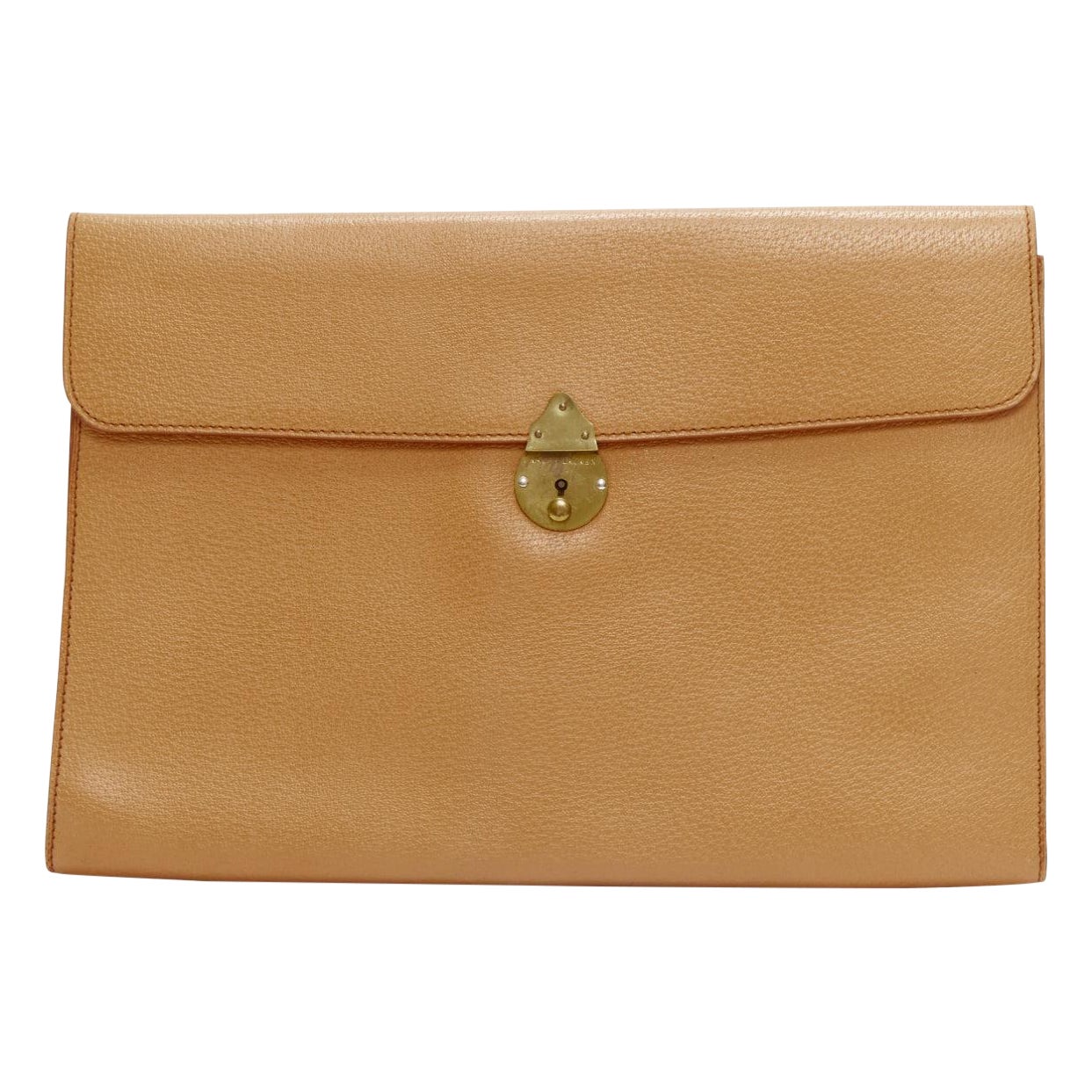 RALPH LAUREN tan textured leather gold logo push lock flap flat clutch bag For Sale at 1stDibs