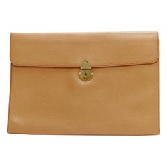 RALPH LAUREN tan textured leather gold logo push lock flap flat clutch bag