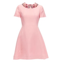 VALENTINO pink wool silk crepe sequin sheer collar fit flare mini dress UK6 XS