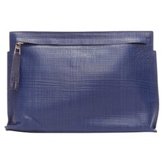 LOEWE T Pouch navy textured checkered leather silver zip wrist clutch bag