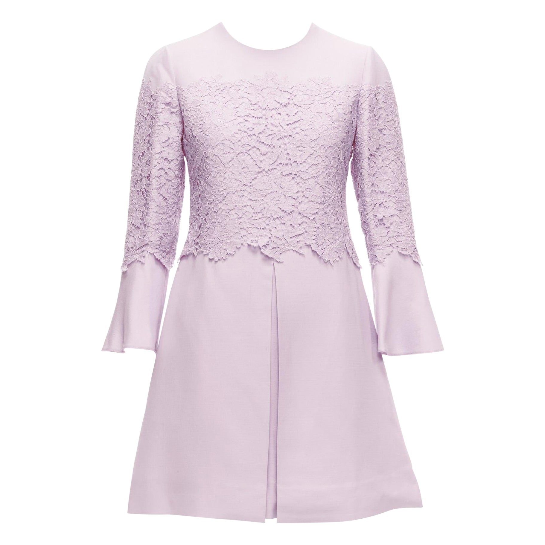 VALENTINO 2019 pastel pink wool silk crepe lace box pleat A-line dress IT38 XS For Sale