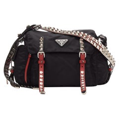 rare PRADA Vela black nylon red punk studded logo plaque crossbody bag