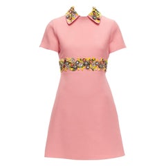 VALENTINO pink yellow multicolor beads embroidered collar belt shift dress