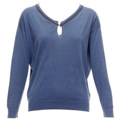 BRUNELLO CUCINELLI blue cotton beaded loop keyhole sweater top XXS