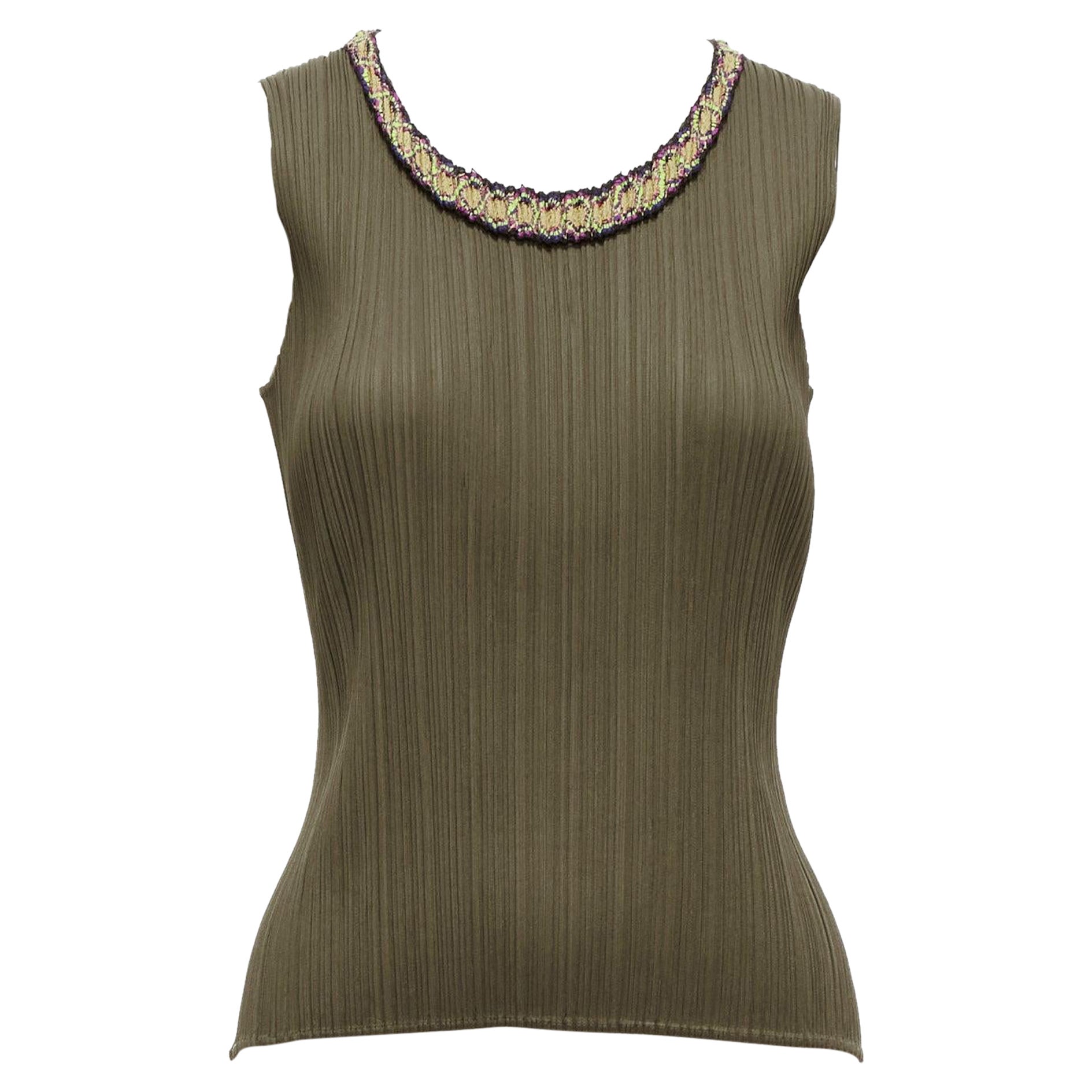 ISSEY MIYAKE Pleats Please khaki plisse orange embroidery neckline vest JP4 XL