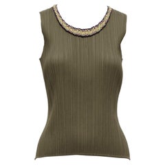 ISSEY MIYAKE Pleats Please khaki plisse orange embroidery neckline vest JP4 XL