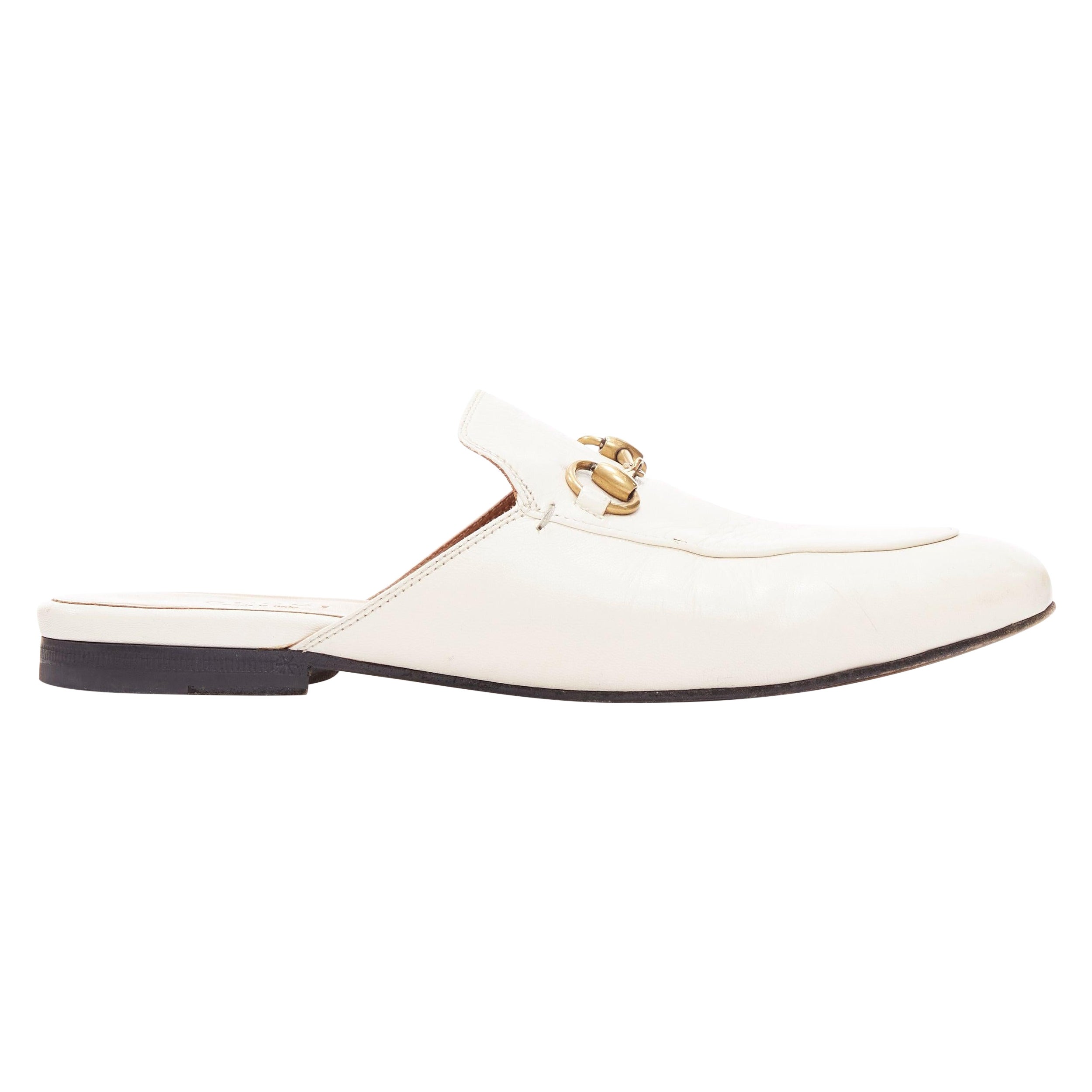 GUCCI Princetown cream leather gold horsebit flat mule loafer EU36
