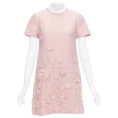 VALENTINO dusty pink virgin wool silk floral beads applique shift dress IT40 S