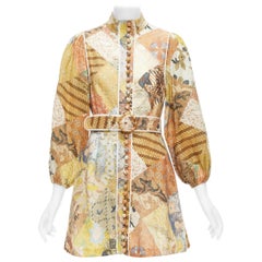 ZIMMERMANN Brightside vestido con cinturón y estampado étnico patchwork de lino marrón US1 S