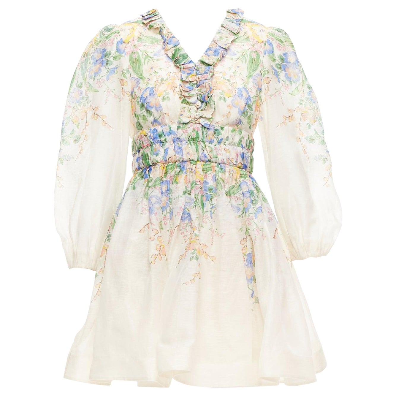 ZIMMERMANN Garden Floral Pinkes Kleid aus Seide und Leinen mit kurzen Ärmeln und Blumenmuster AU1 M im Angebot