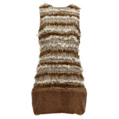 rare CHANEL 2010 marron Fantasy Tweed fluffy faux fur trim shift dress FR38 M