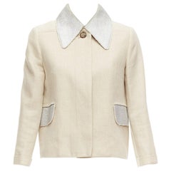 Carven beige lino misto cotone argento tweed colletto bottone giacca boxy FR38 M