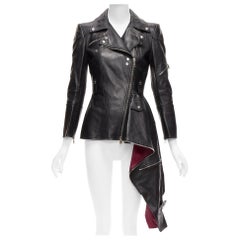 ALEXANDER MCQUEEN Veste motard Runway en cuir noir à fermeture éclair et ourlet asymétrique IT38 XS