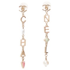 CHANEL A19P CHA-NEL gold CC pink pearl drop pin earrings Pair