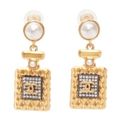 CHANEL A20A gold CC Perfume Bottlefaux pearl drop pendant earrings pair