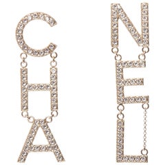 CHANEL B19S crystal CHA-NEL diamantes mismatch letter drop dangling pin earrings