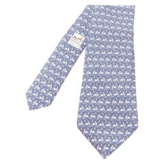 HERMES azul blanco verde 100% seda cabra árbol de montaña estampado corbata formal