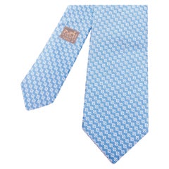 HERMES azul blanco 100% seda cadena eslabón monograma corbata clásica formal