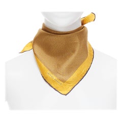 HERMES 100% silk golden yellow H logo geometric print navy trim square scarf
