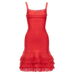 HERVE LEGER red cut out tiered ruffle hem bandage fit flared dress XS
