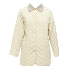 HERMES Vintage cream embroidered quilted grey velvet collar pocketed coat FR38 M