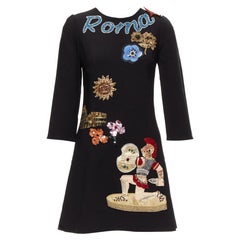 DOLCE GABBANA Runway noire Roma Warrior sequin cuir patch shift dress IT38 XS